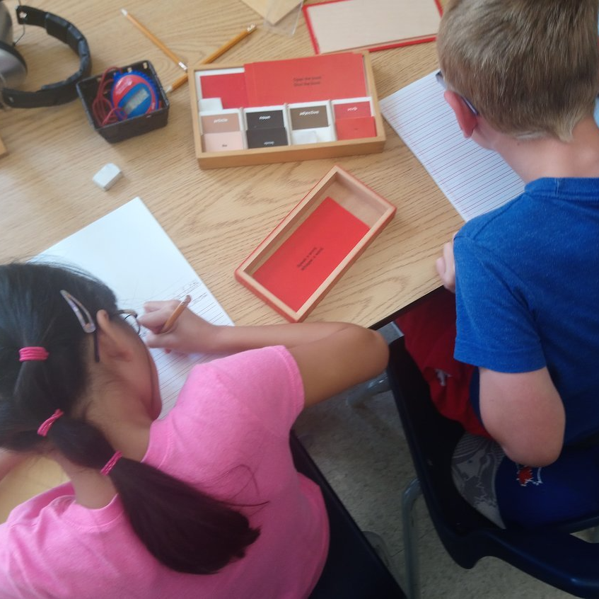 Lower Elementary Montessori children working with language materials
