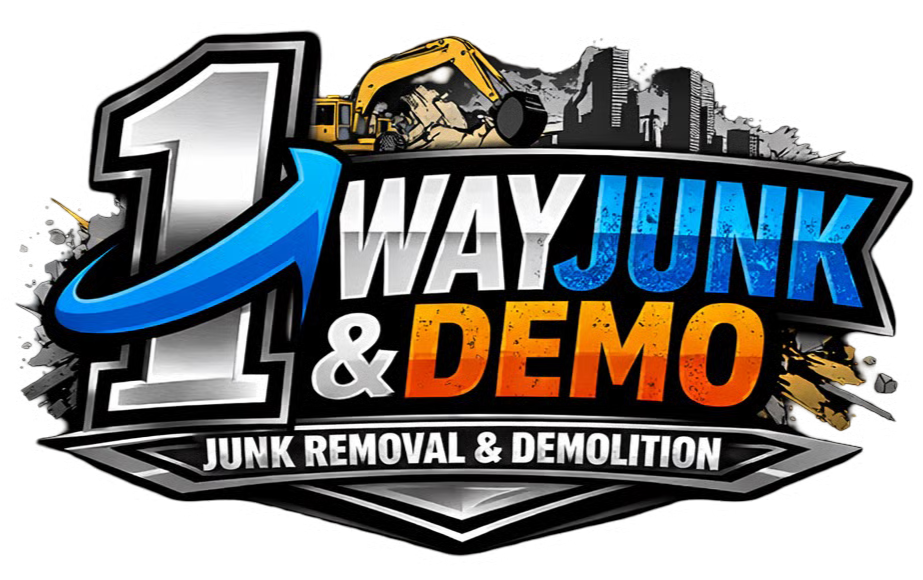 Logo for "1 Way Junk & Demo" featuring a large silver "1" with a blue arrow, excavator graphic, and orange text.