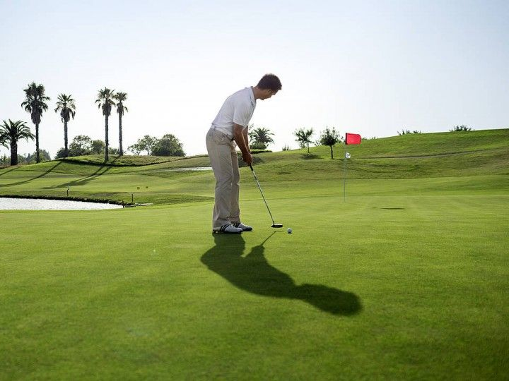 Ein Golfwagen auf einem Golfplatz mit Palmen im Hintergrund
