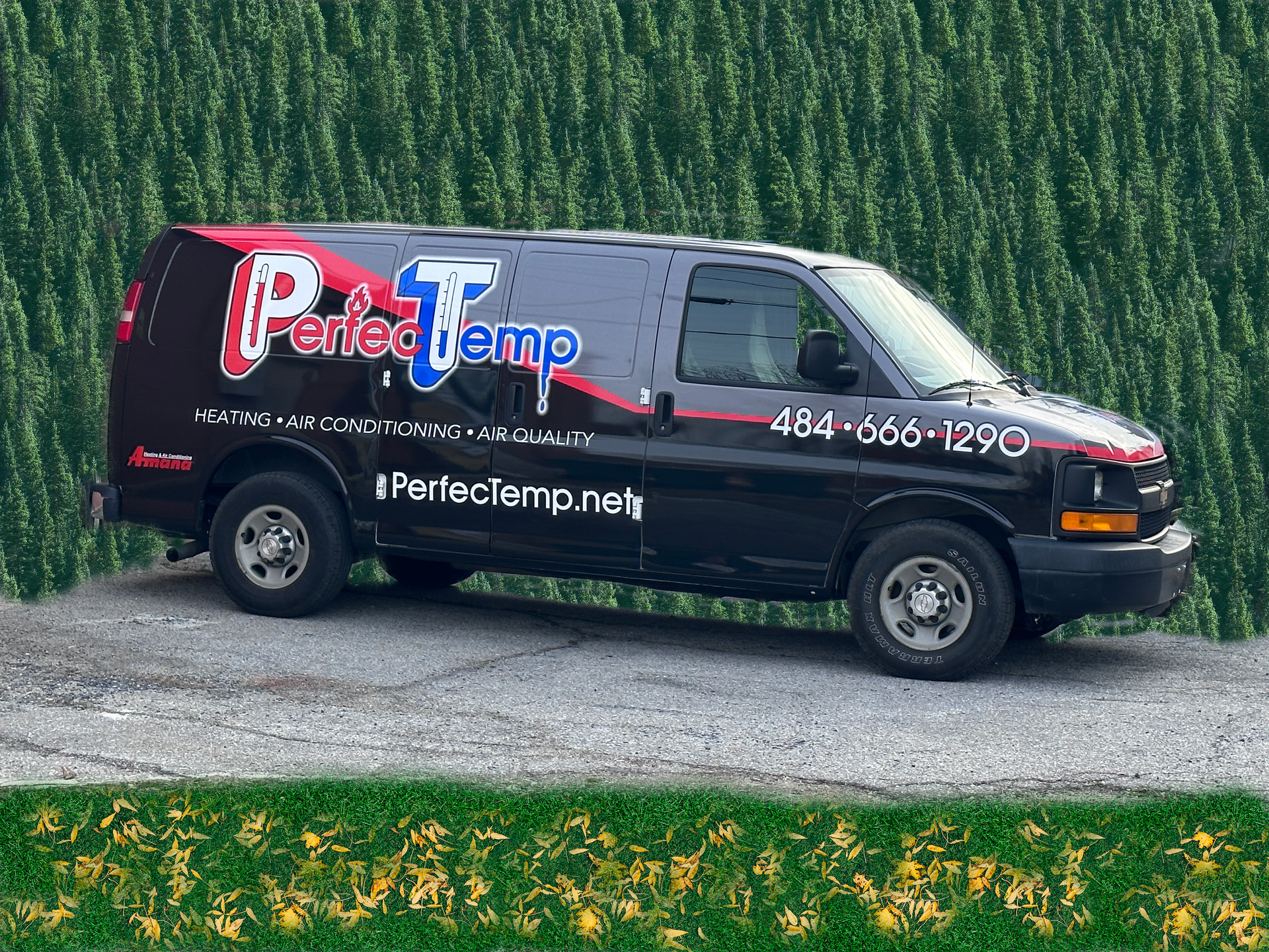 A perfect temp van is parked on the side of the road