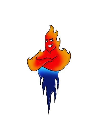 A cartoon drawing of a fireball with a smiling face and arms crossed.