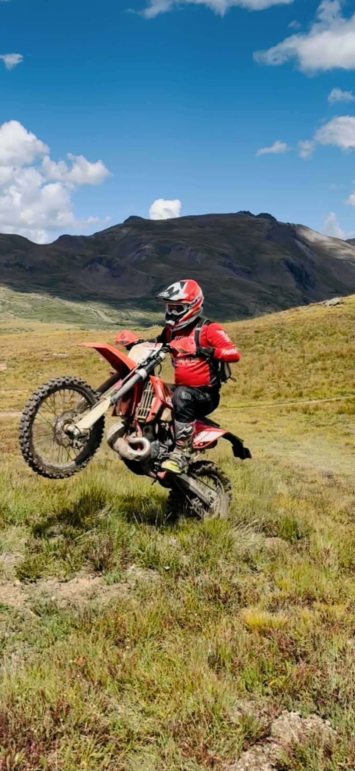 A motorcyclist in red gear does a wheelie in a grassy field, with mountains and a blue sky in the background.