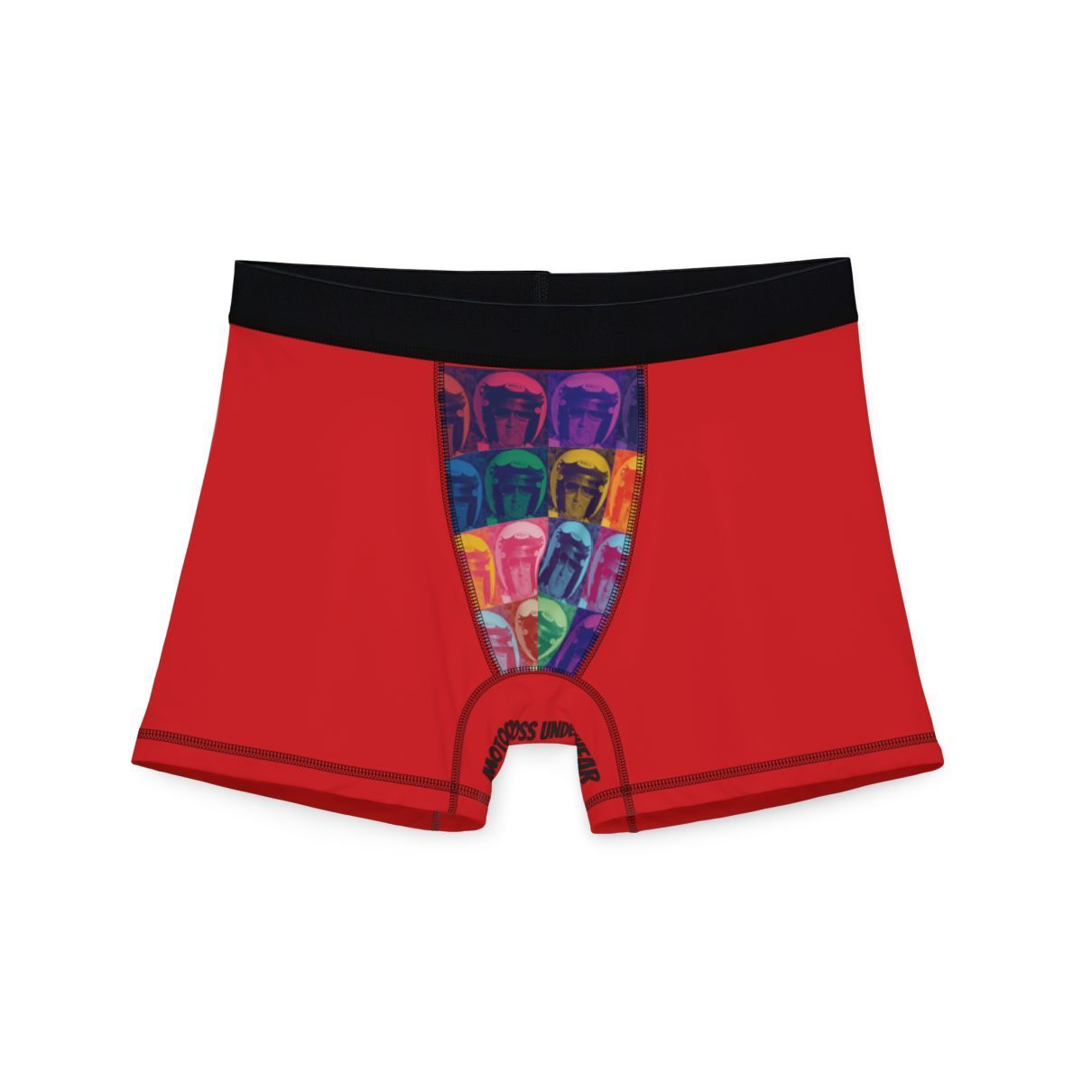 Red boxer briefs with a multicolored graphic of faces on the front.