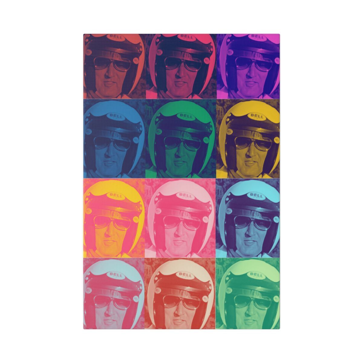 A colorful grid of twelve portraits of a person in a helmet and sunglasses. Each is a different color.