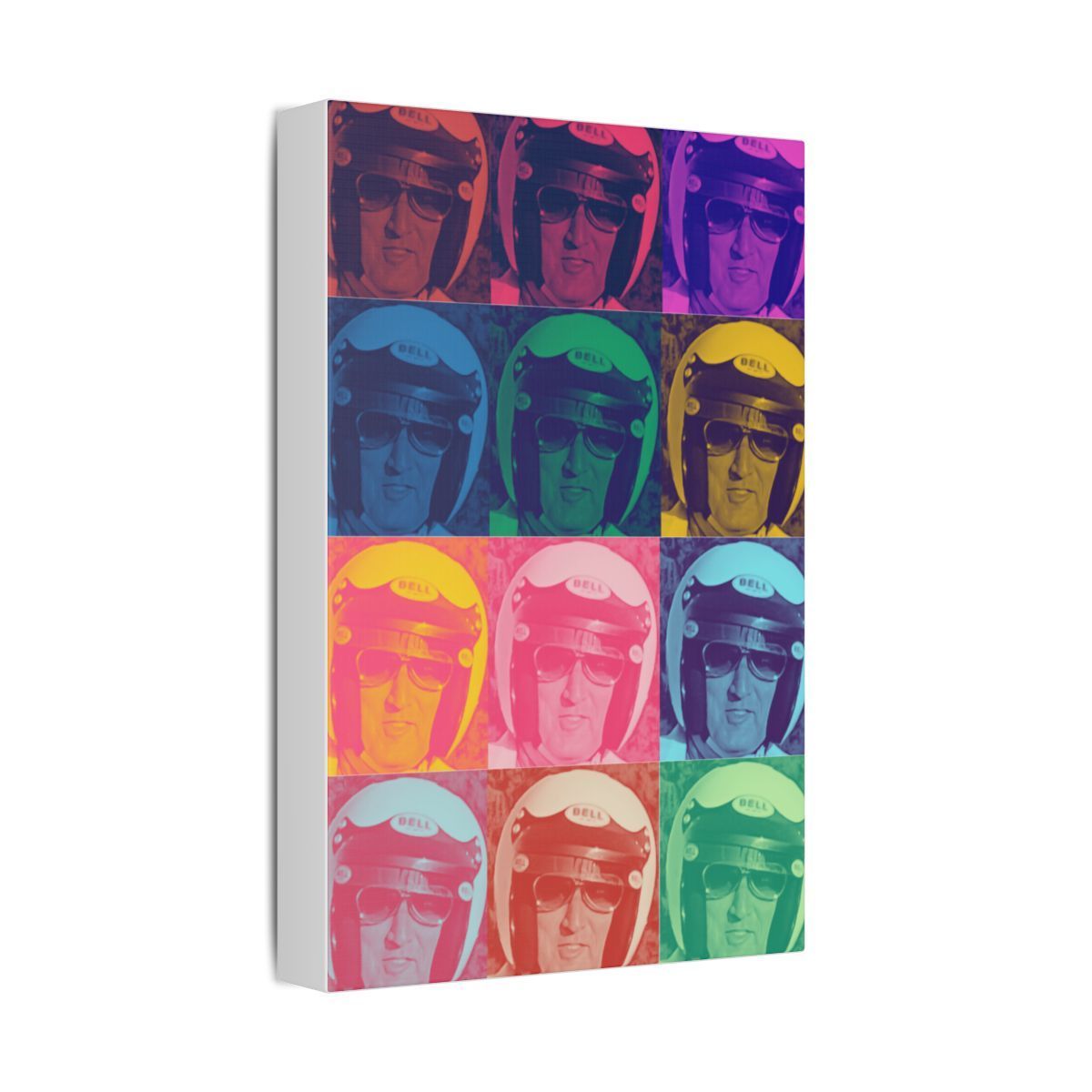 A pop art grid of twelve colorful portraits of a person wearing a helmet and sunglasses.
