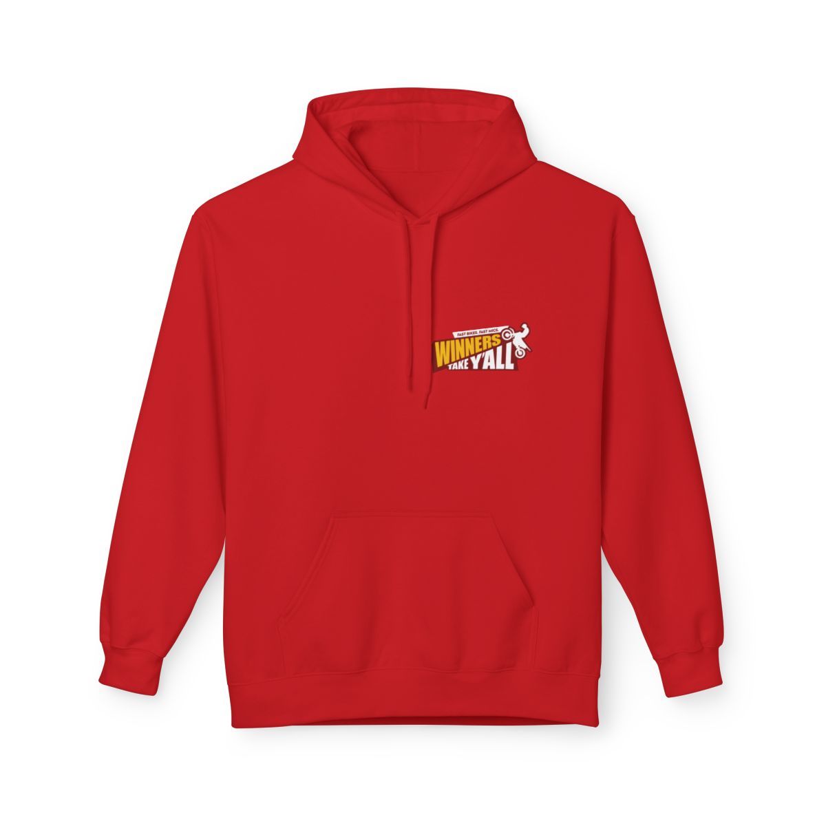 Red hoodie with small front logo.