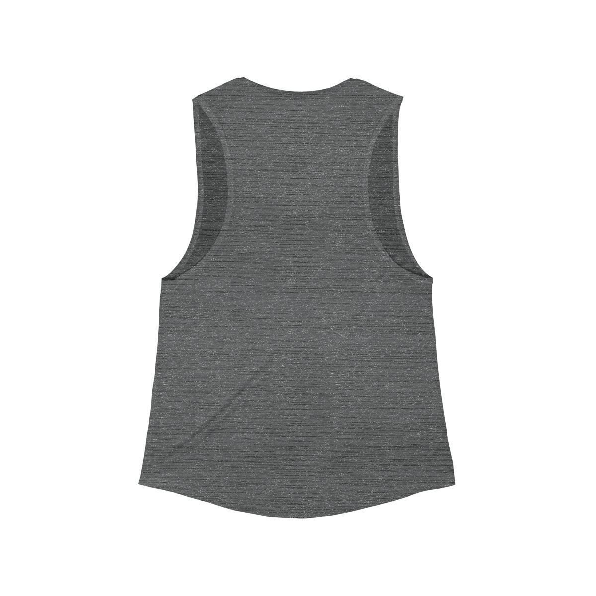 Gray tank top with a circular logo: 