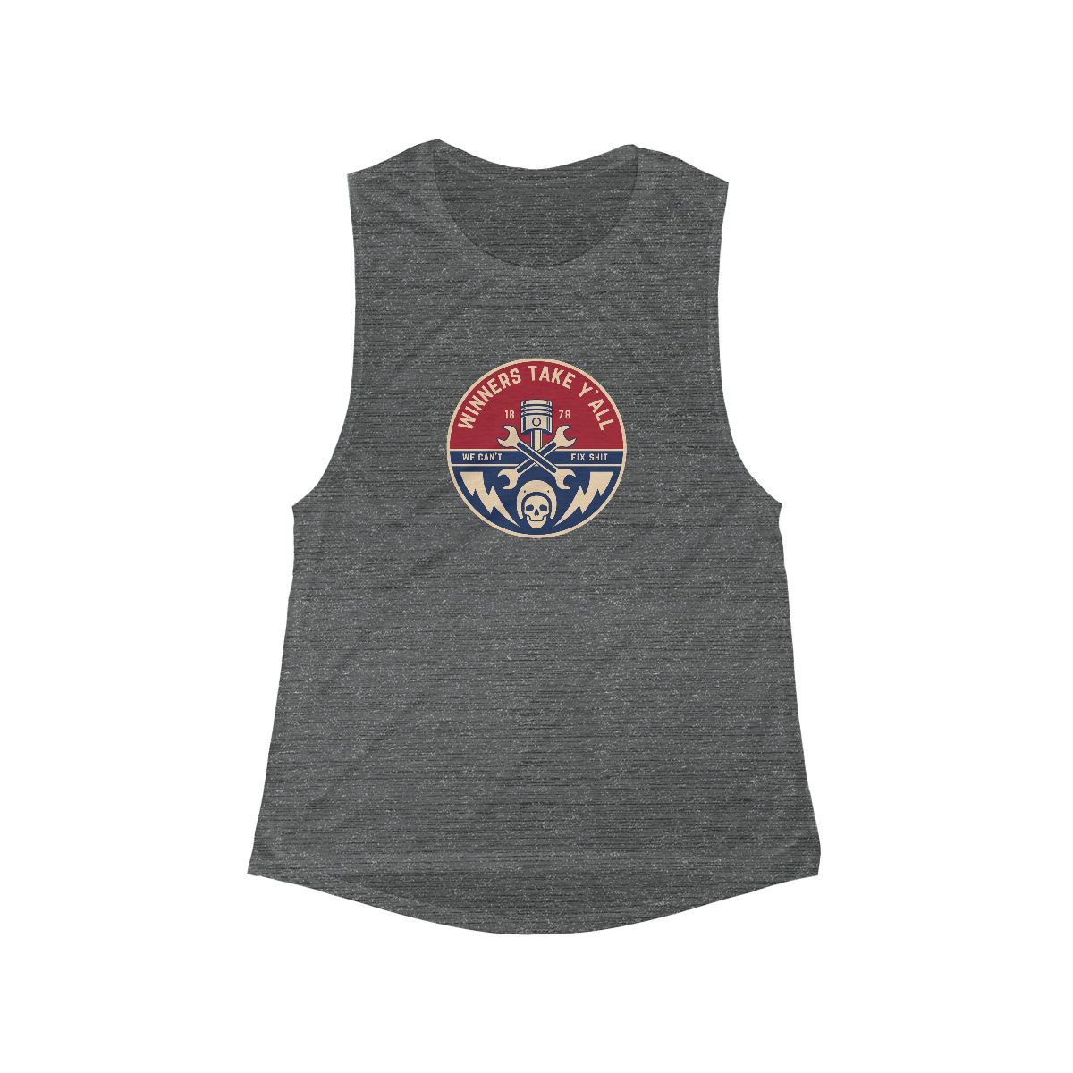 Gray tank top with a circular logo: 