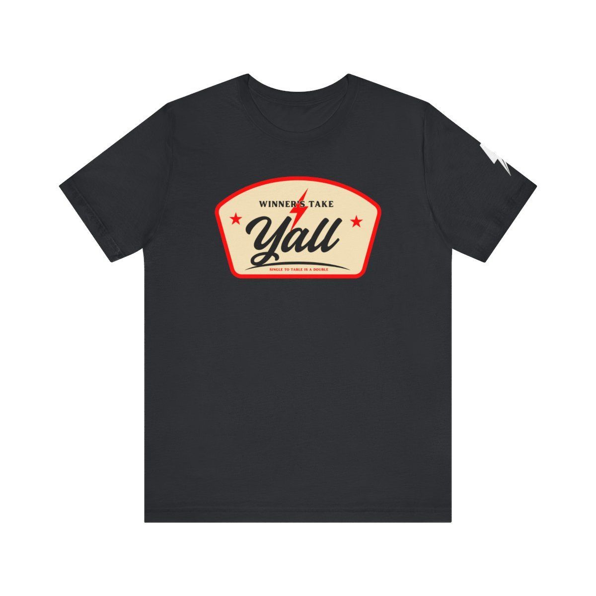 Black t-shirt with a cream-colored, retro-style 