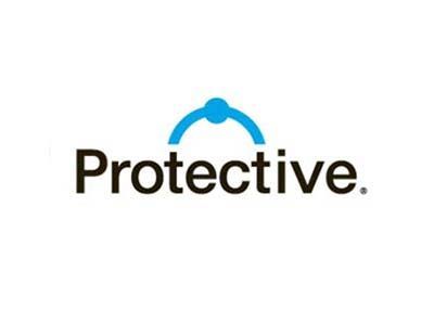 Protective logo: dark text and a blue arch with a blue dot, white background.