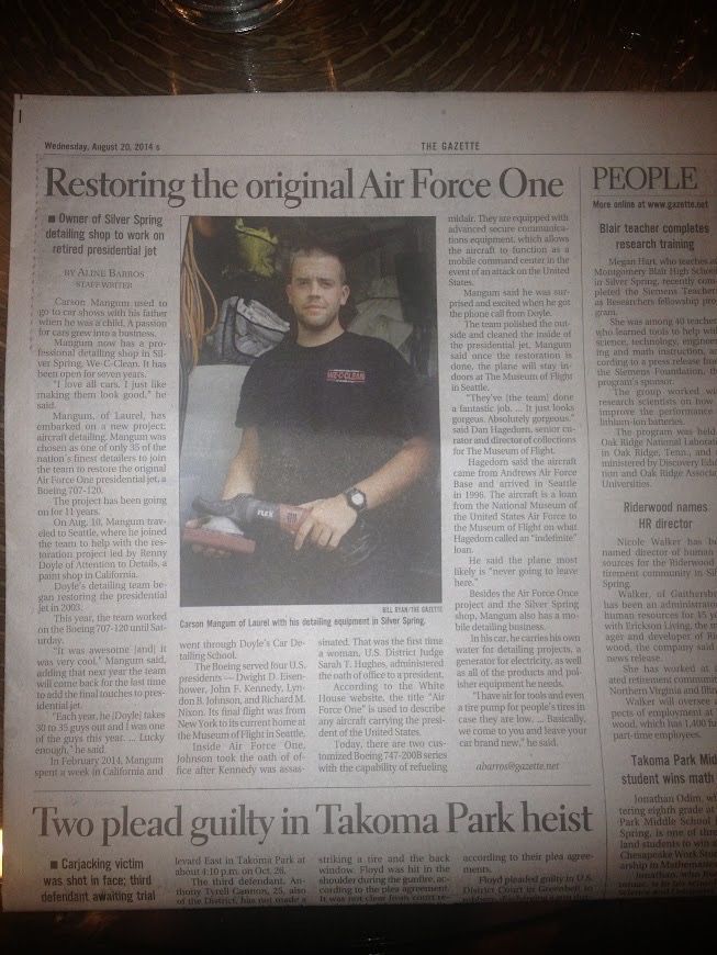 Gazette newspaper article featuring Carson Mangum and the Air Force One detailing team