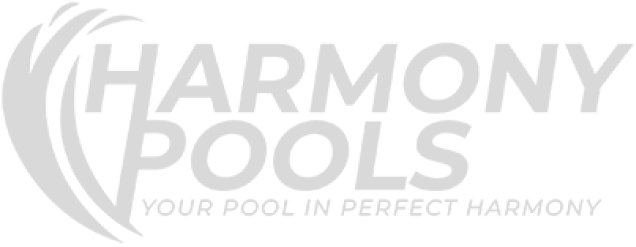 Harmony Pools logo with pale gray text and heart-like swoosh, tagline “Your Pool in Perfect Harmony”