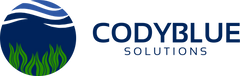 a blue and white logo for codyblue solutions