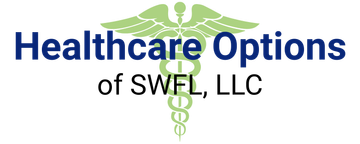 HealthCare Options Of SWFL, LLC Logo for Healthcare Options of SWFL, LLC, featuring a caduceus symbol and text in dark blue and green.