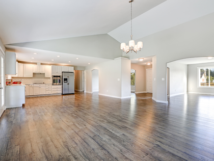 Open-concept living space with kitchen, vaulted ceilings, and hardwood floors. Light gray walls and white cabinetry.