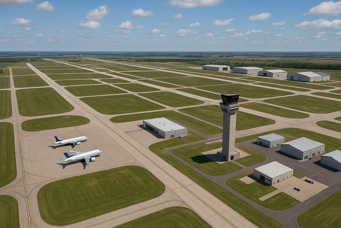 An aerial view of an airport with two airplanes parked on the tarmac.