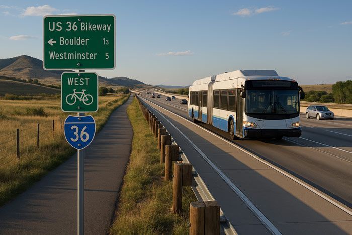 A bus is driving down a highway next to a sign that says us 36 bikeway