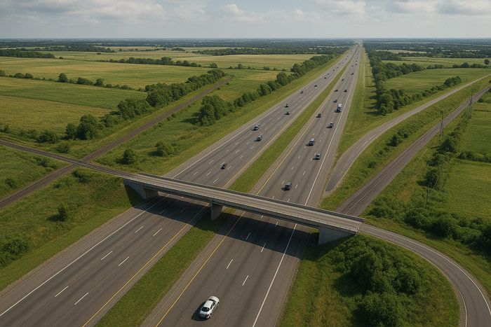An aerial view of a highway with a bridge over it.