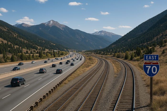 A highway with a train track and a sign that says east 70