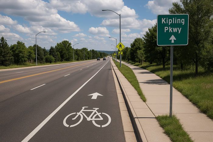 A road with a bike lane and a sign that says kipling pkwy