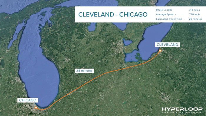 A map showing the distance between cleveland and chicago