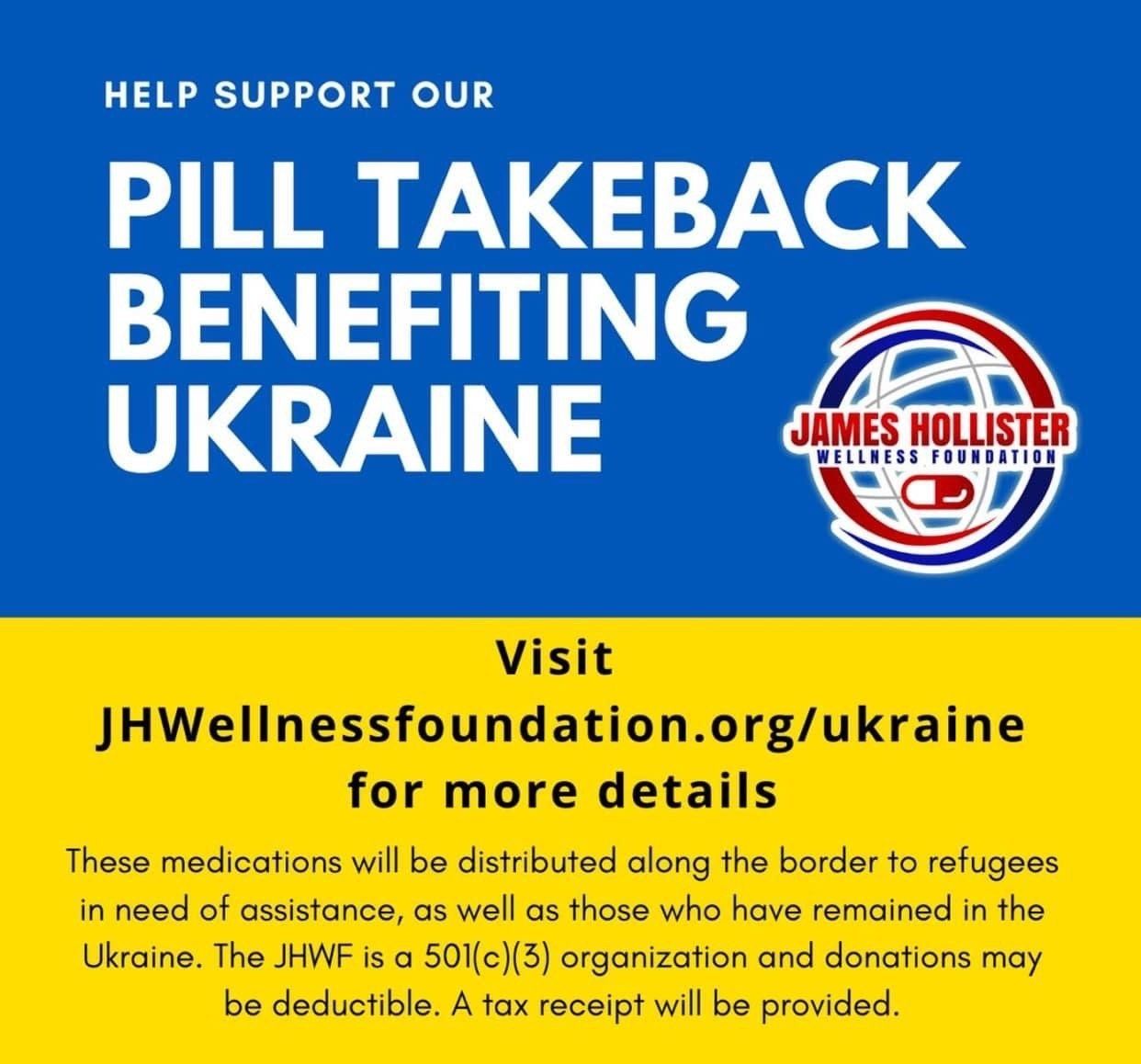 A blue and yellow sign that says help support our pill takeback benefiting ukraine