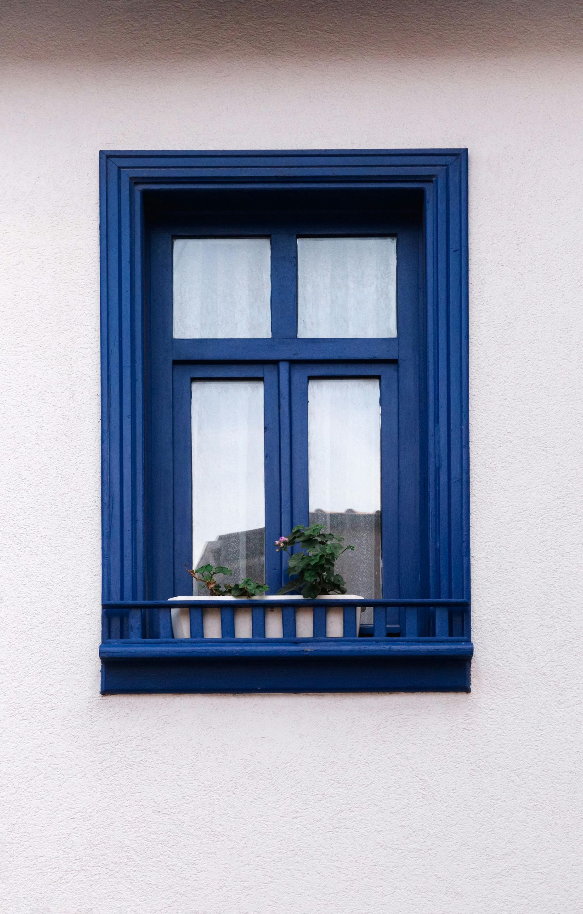 Blau umrahmtes Fenster an einer weißen Wand mit einem kleinen Balkon, auf dem Pflanzen stehen.