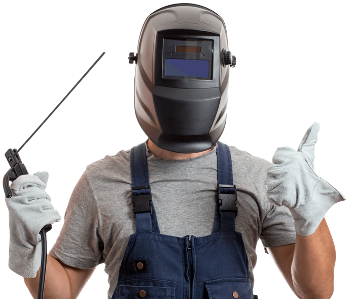 A man in a welding mask, robotic clothes and gloves, holding wire with a welding electrode.