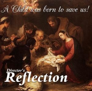 A painting shows Mary, Joseph, and others surrounding the infant Jesus in a manger, with 