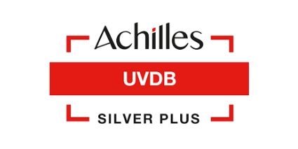A red and white logo for achilles uvdb silver plus.