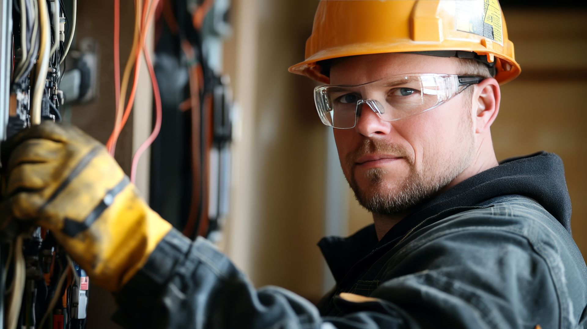 A man wearing a hard hat and safety glasses is working on an electrical box.