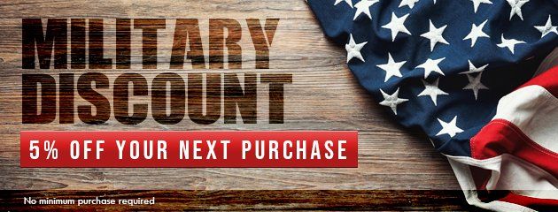 Military discount: 5% off next purchase. American flag on wood background.