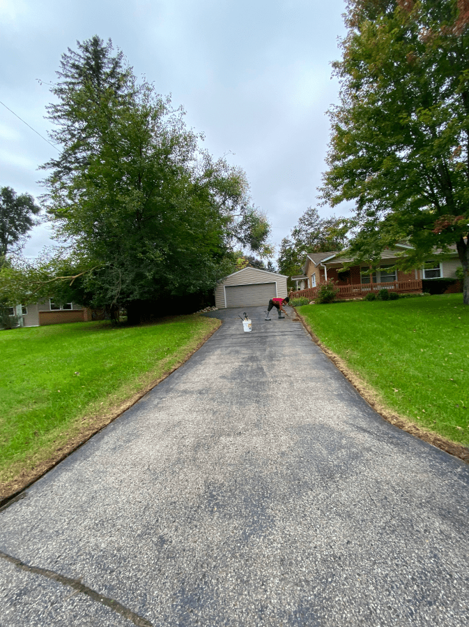 A driveway leading to a house with trees on both sides.