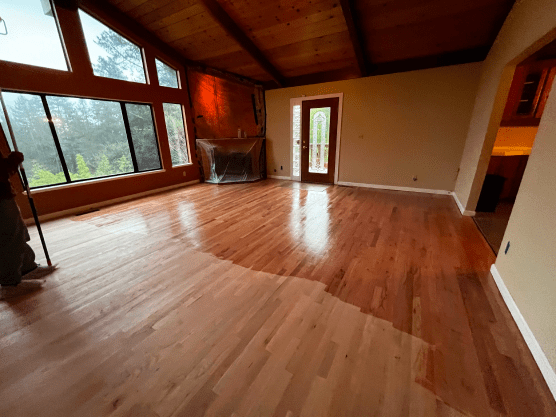 A living room with hardwood floors and a fireplace