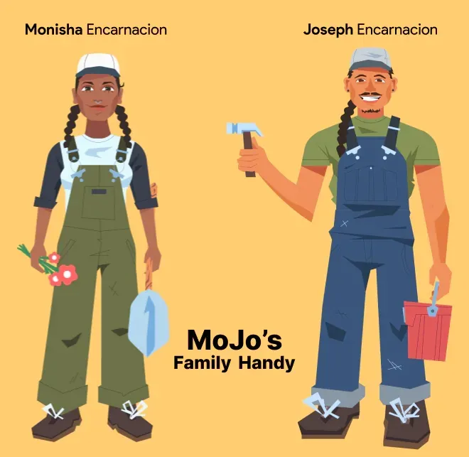 A man and a woman standing next to each other with mojo 's family handy written on the bottom