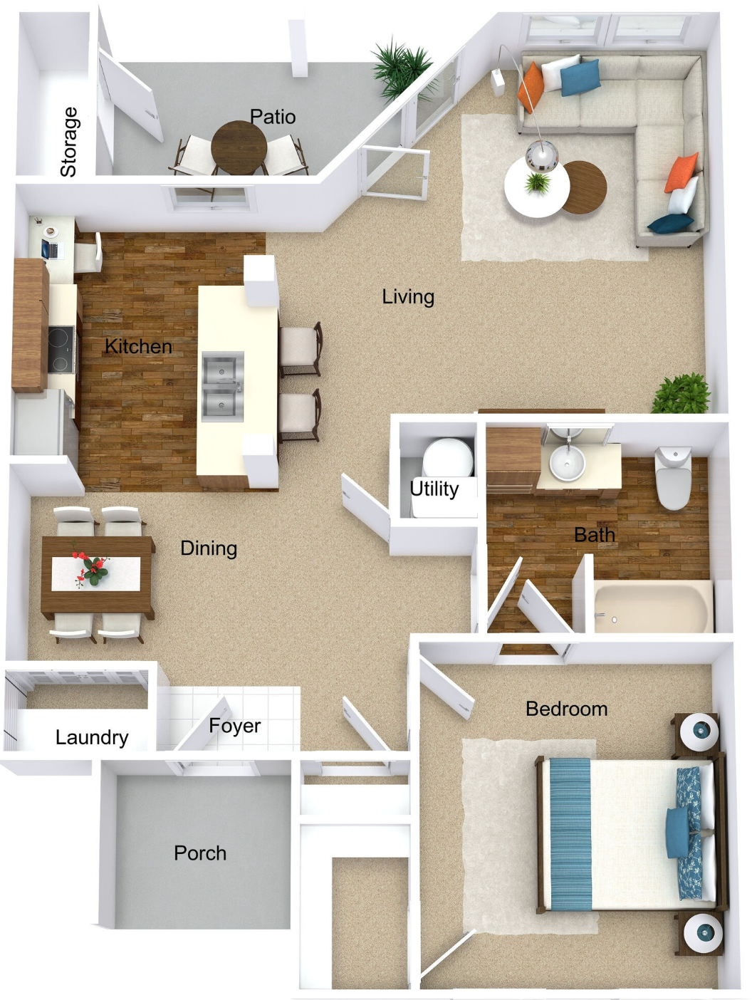 Floor plan of a one-bedroom apartment, featuring a living area, kitchen, dining, bedroom, patio and utility room.