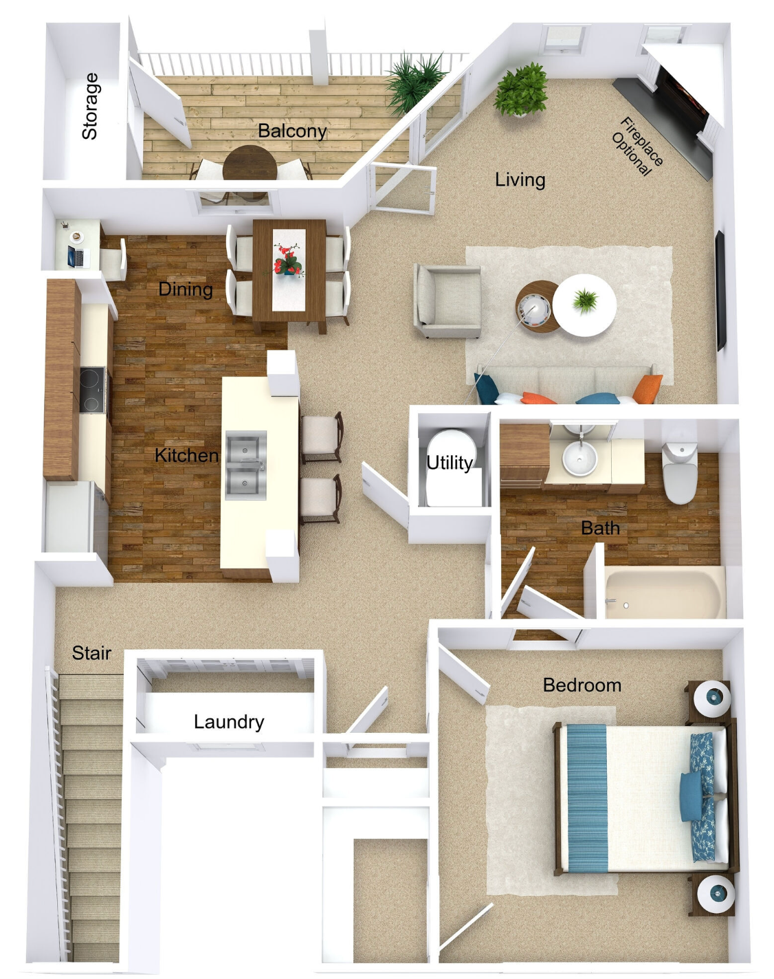 Floor plan of a one-bedroom apartment with living, dining, kitchen, balcony, and laundry.