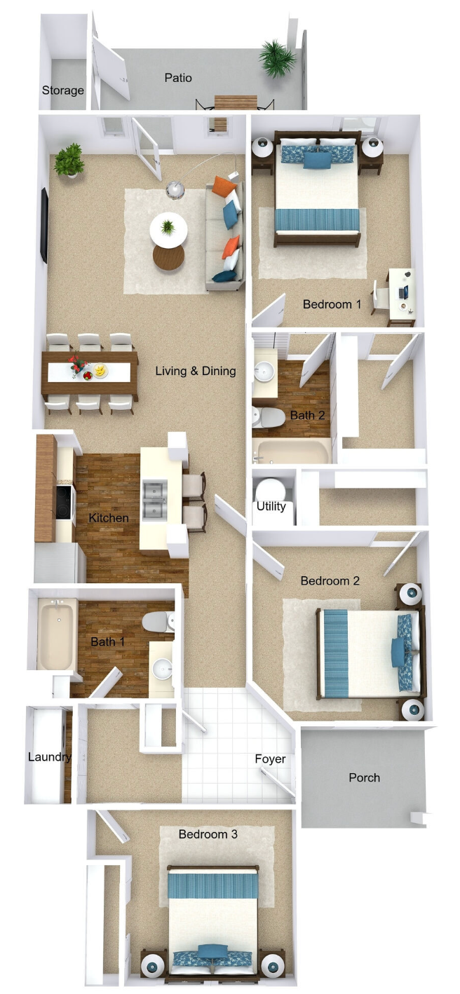 Floor plan of an apartment with three bedrooms, a kitchen, a living room, and a balcony.