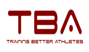A red and white logo for tba training better athletes