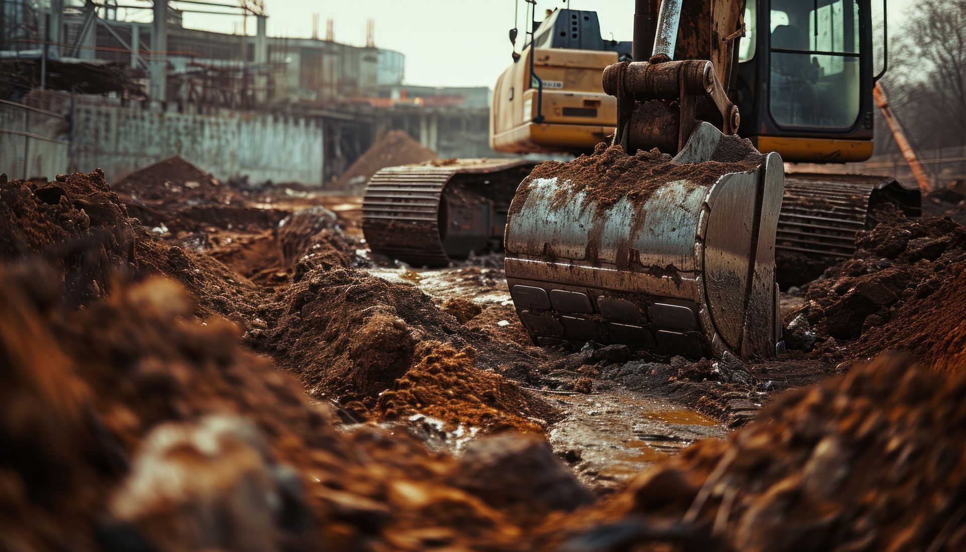 Excavator digging into wet dirt at a construction site.
