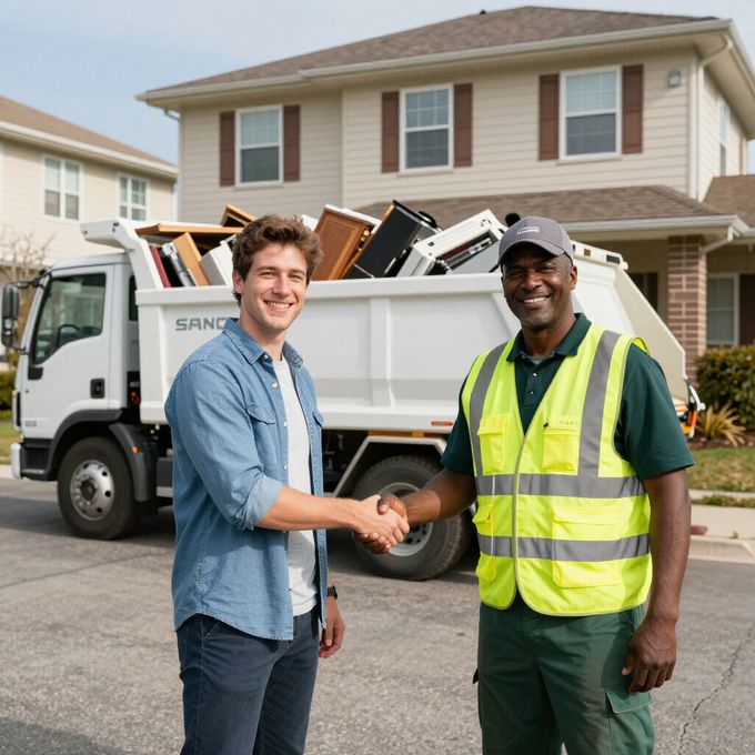 A service worker in a high-visibility vest shakes hands with a customer in front of a junk removal truck full of debris.