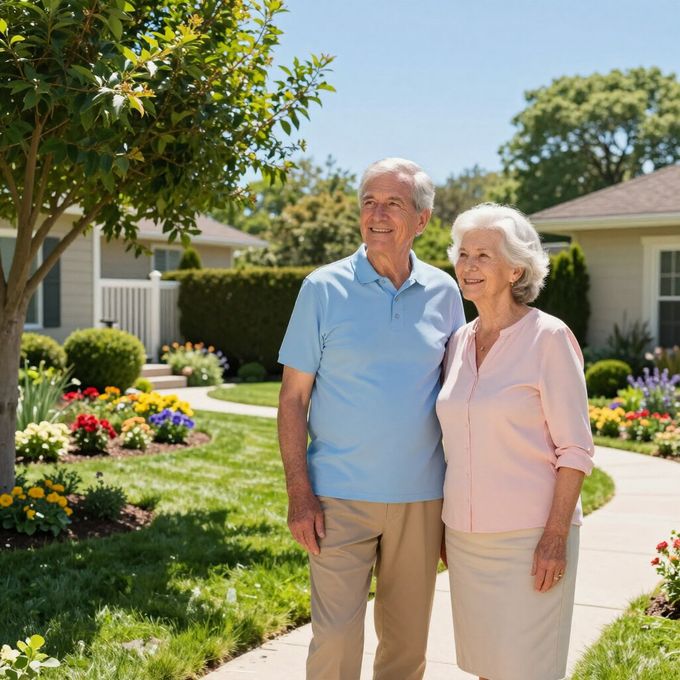 Two people stand on a sidewalk in a sunny, flower-filled residential garden, smiling and looking toward the side.