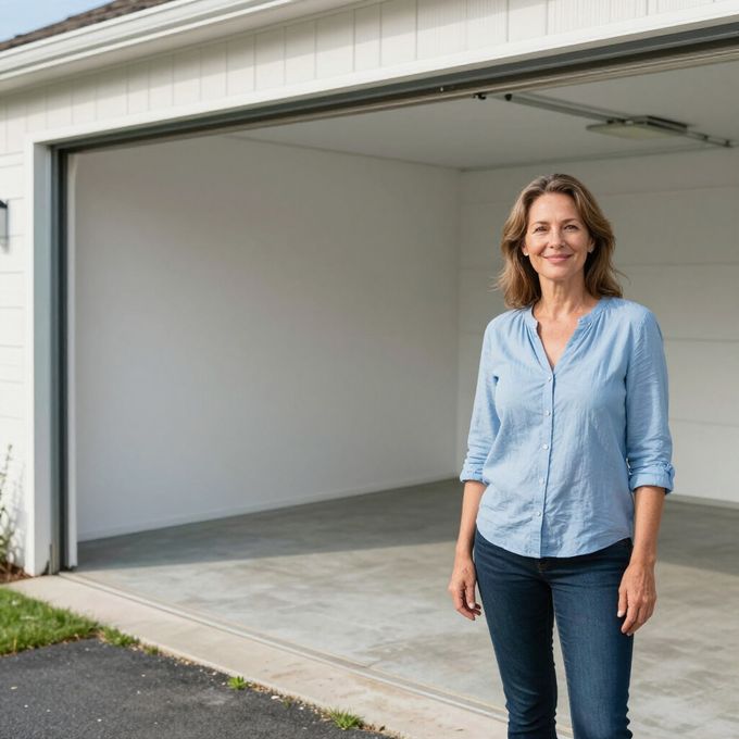 A person stands smiling in the open doorway of an empty, white residential garage.