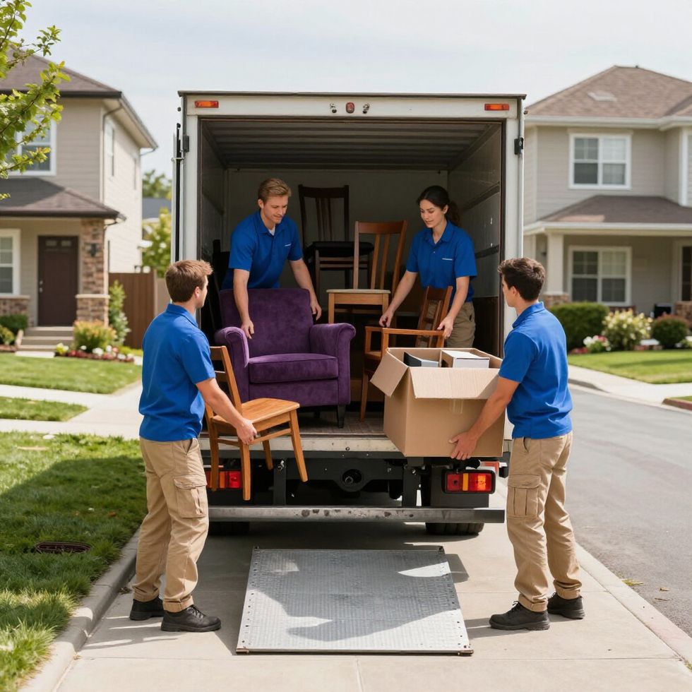 Movers in blue uniforms load furniture and boxes into a moving truck parked on a residential street.