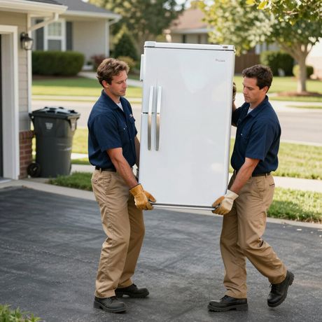 Two workers in blue uniforms and tan pants carry a white refrigerator across a driveway in a suburban neighborhood.