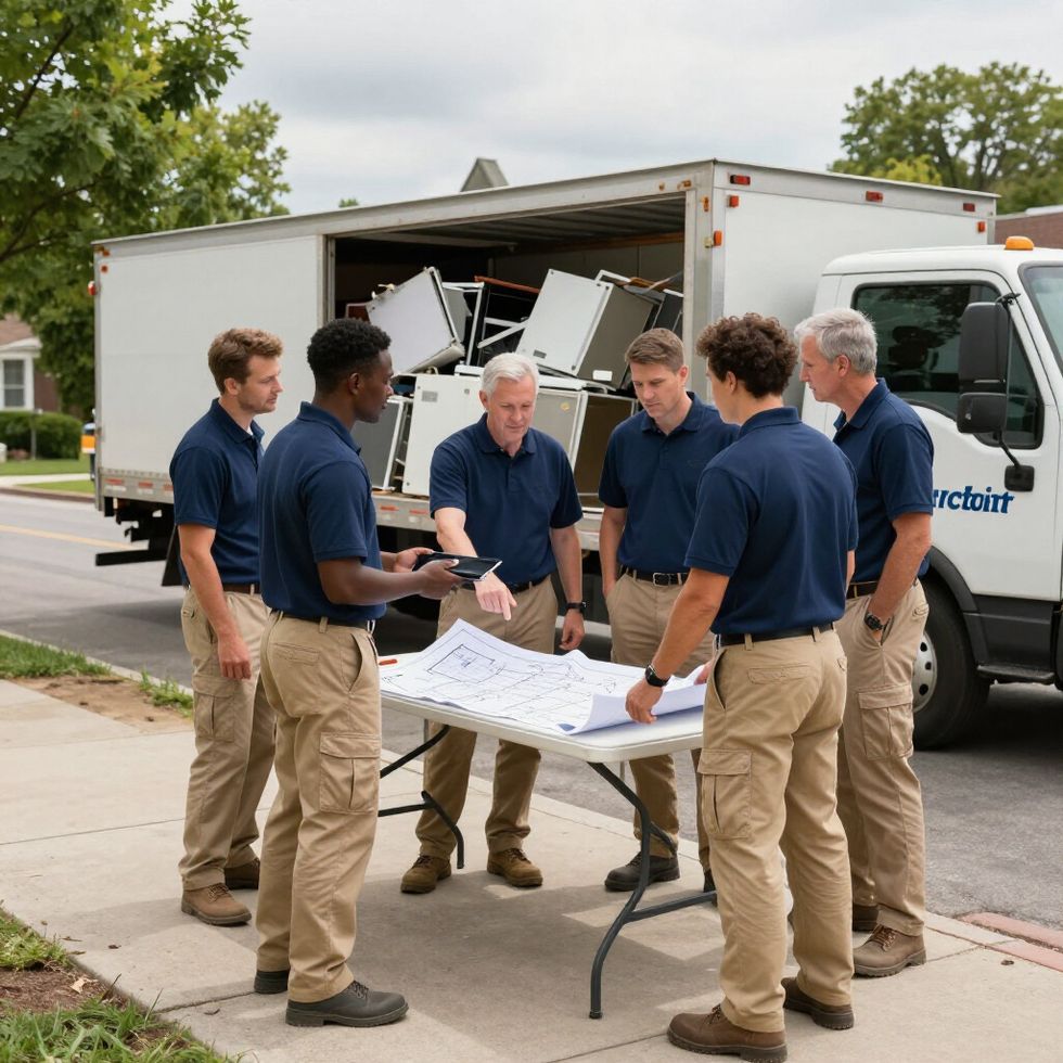 A group of people in matching uniforms reviewing blueprints on a table outside a moving truck.