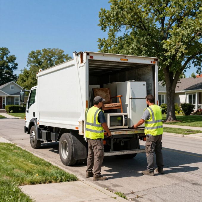 Two workers in yellow safety vests load old furniture and a refrigerator into the back of a white truck on a quiet street.