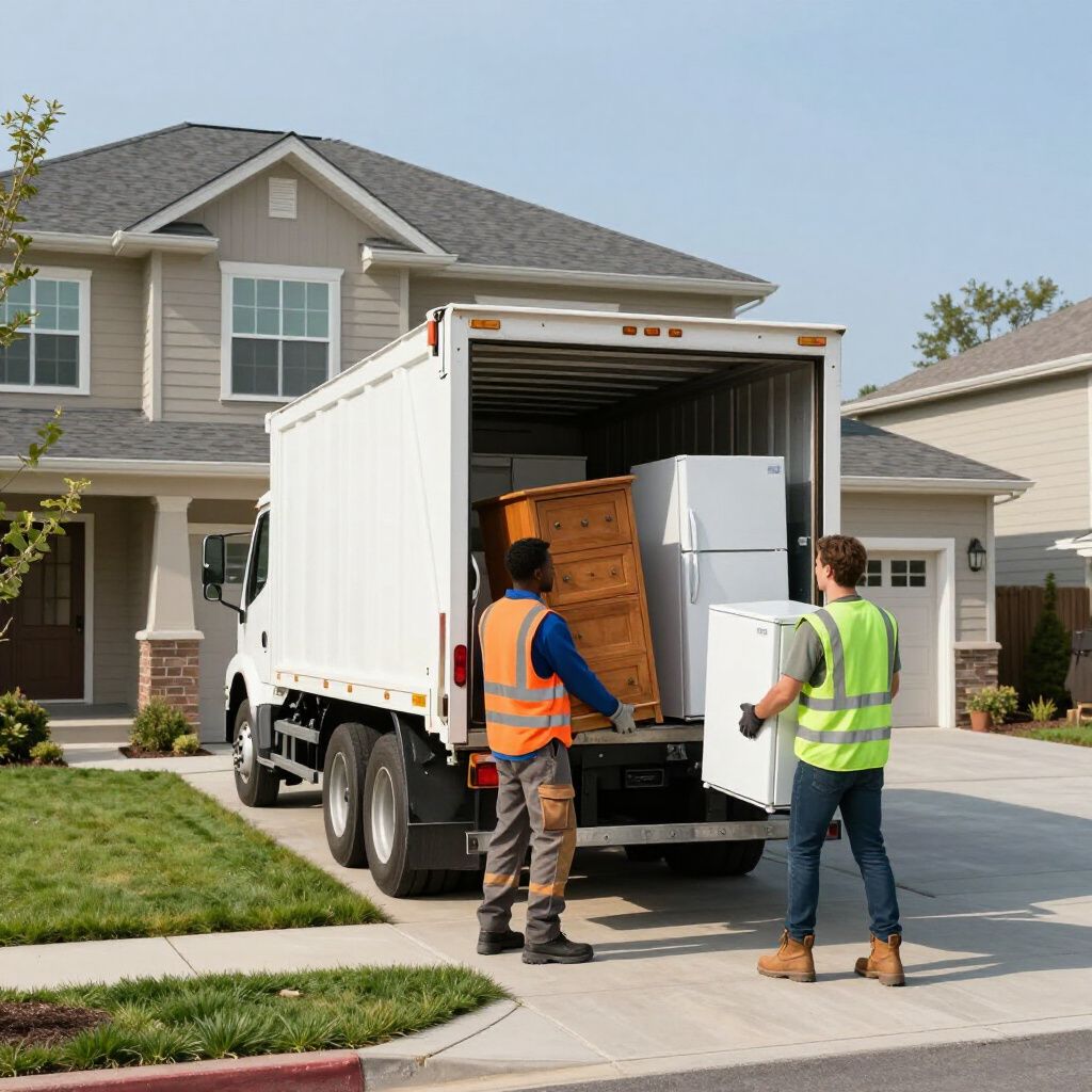 Two movers in high-visibility vests load household appliances and furniture into the back of a parked truck.