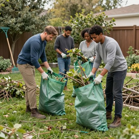Four people working together in a backyard to clean up fallen branches, placing them into large green yard waste bags.
