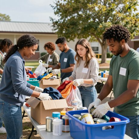 Volunteers wearing gloves sort donated clothes and canned goods into boxes and bins at an outdoor community food drive.